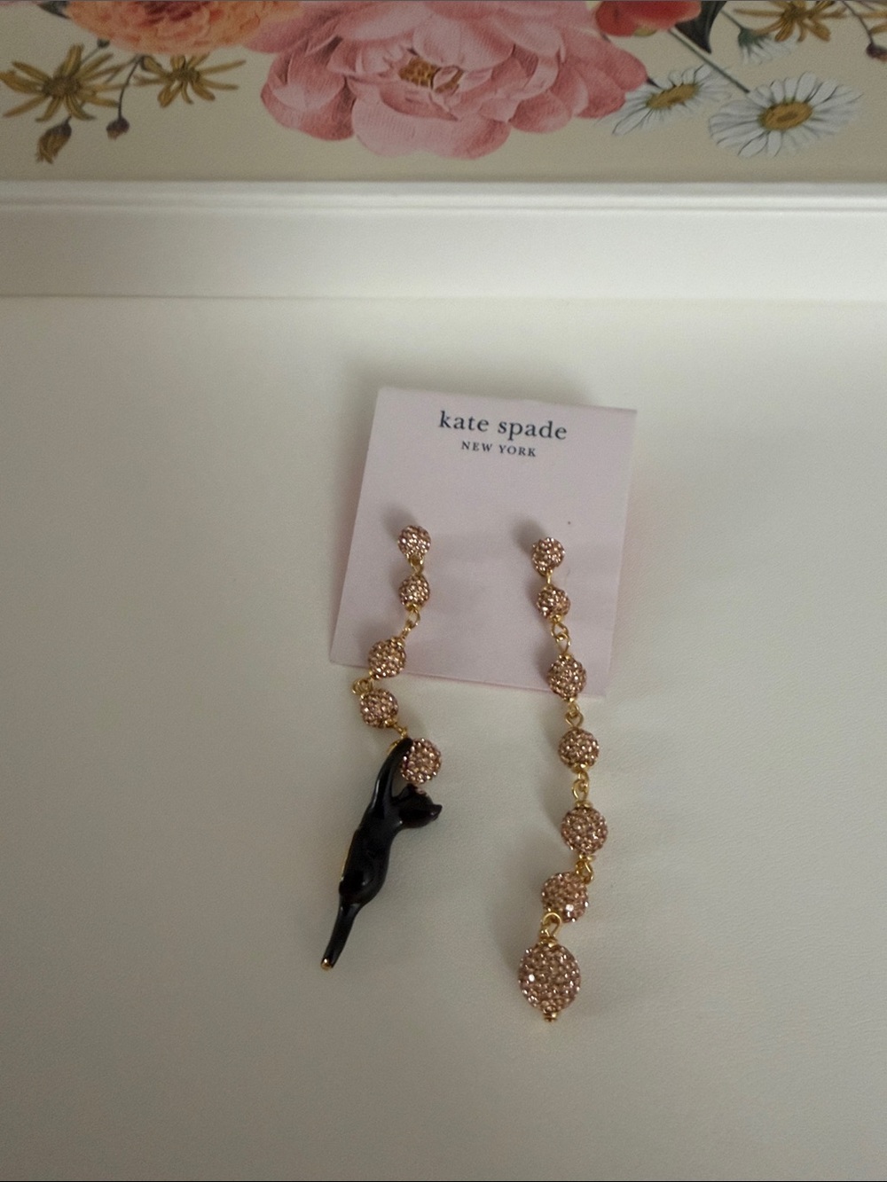 kate spade Gold and Black Cat Drop Earrings with Pink Crystal Beads